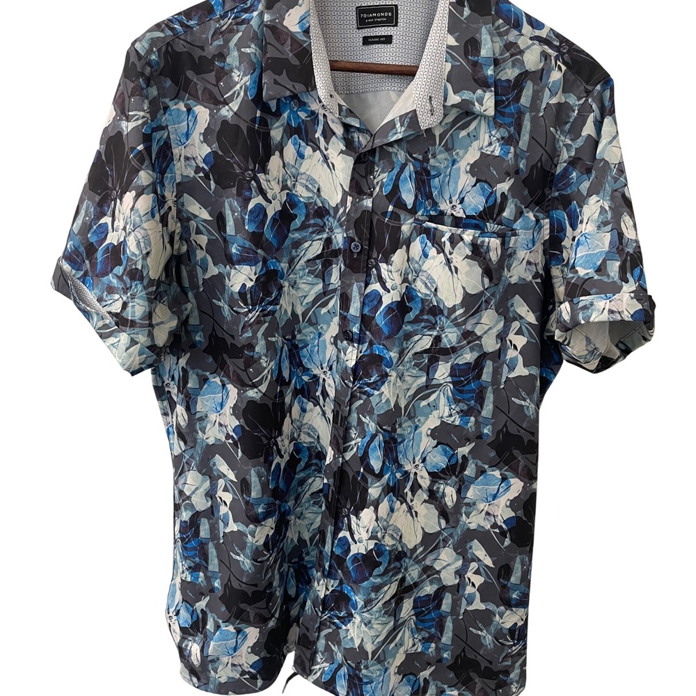 7Diamonds Monday‎ Flowers Shirt Mens L Blue 4-Way Stretch Classic Fit Casual